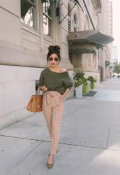 Tie waist tan trousers + chunky olive knit