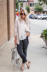 Outfit Idea: Neutral Blazer + Lace Blouse.