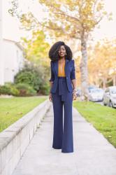 Fitted Blazer + Deep V Bodysuit + Belted High Waist Pants