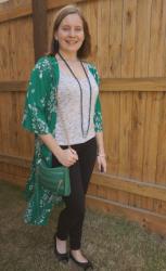 Spring: Kimonos and Skinny Jeans With Space Dye Tops And Green Rebecca Minkoff Mini 5-Zip Bag