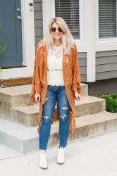 Pumpkin-colored Duster + White Booties.
