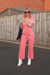 A Pink Corduroy Jumpsuit Styled With White Boots #iwillwearwhatilike