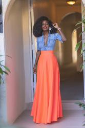 Fitted Denim Shirt + Neon High Waist Skirt