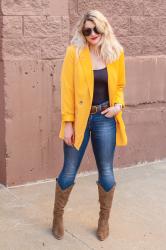 Mustard Blazer + Western Boots.