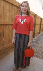 Slouchy Tees, Printed Maxi Skirts and Statement Necklaces With Red Rebecca Minkoff Micro Avery Tote