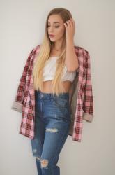 PINK CHECKED BLAZER + MOM JEANS 