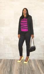 Fuchsia Tiger Stripe Sweater and Neon Yellow Pumps