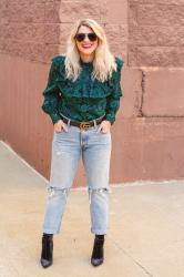 Green Lace Blouse + Levi’s and Sock Boots.