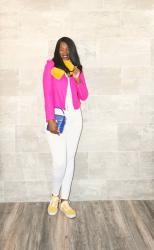 Hot Pink Moto Jacket and Mustard Faux Fur Scarf