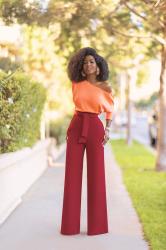 Off Shoulder Knit Top + Belted High Waist Pants