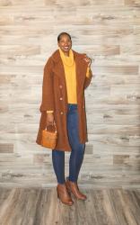 Brown Teddy Coat and Mustard Yellow Knit
