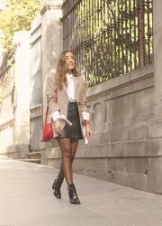 Houndstooth Blazer Leather Skirt