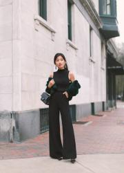Understated holiday // black jumpsuit + faux fur