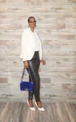 Black Faux Leather Pants + White Blazer + Pops of Blue