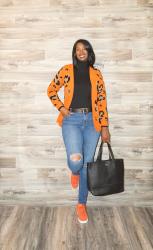 Orange Leopard Cardigan with Sneakers and Heels