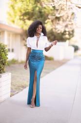 Boyfriend Button-Down Shirt + Ruched Maxi Skirt