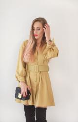 BEIGE BELTED DRESS