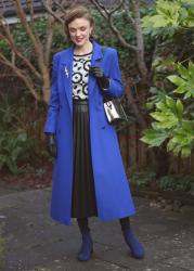 Black Pleated Leather Midi Skirt & Blue Maxi Coat