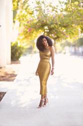 Gold One Shoulder Midi Dress