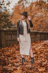 A Leather Jacket And Knitted Dress