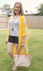 Jeanswest Duster Kimonos With Denim Shorts, Space Dye Tees and Louis Vuitton Neverfull