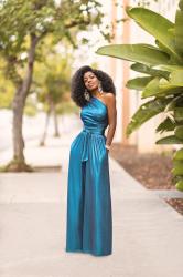 Metallic Blue One Shoulder Jumpsuit