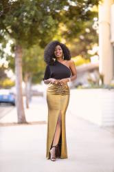 One Shoulder Top + Ruched Maxi Skirt