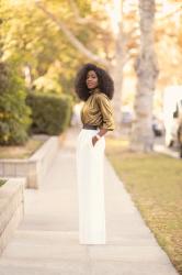 Gold Ruched Top + High Waist Wide Leg Pants