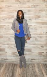 Cobalt Sweater + Grey Moto Jacket and Boots