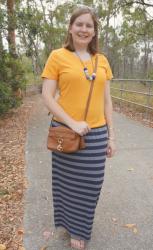 Casual Summer Mum Style: V-Neck Tees and Striped Maxi Skirts