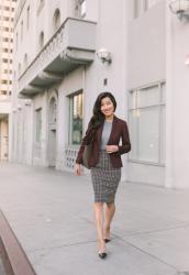 Wine blazer + stretch skirt (each under $50!)