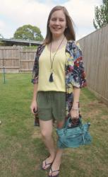 Yellow Tees and Navy Floral Kimonos With Balenciaga First Bag