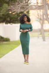 Belted Off Shoulder Pencil Dress