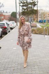 Valentine's Day Outfit Idea: Blush Animal Print Dress + Knee-High Boots