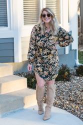 Winter Floral Dress + Tall Beige Boots.