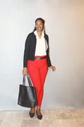 Women’s Tall Red Pants with Black Cardigan