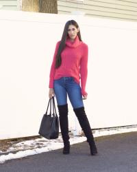 Bright Pink Sweater and Black Over the Knee Boots 