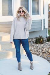 Beige Sweater with Pearl Details + Denim.