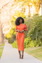 Orange Off Shoulder Pencil Dress