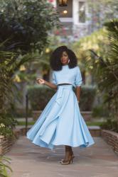 Long Sleeve Crop + Belted Swing Skirt