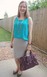 Weekday Wear Link Up: Turquoise Tanks With Purple Balenciaga Work Bag and Grey Pencil Skirts