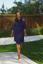 Navy Polka Dot Dress with Pops of Yellow
