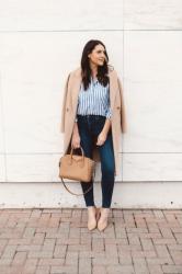 Striped Button Down with Camel Coat