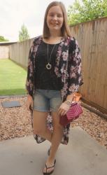 Floral Kimonos and Space Dye Tees With Denim Shorts and Rebecca Minkoff Edie Crossbody Bag