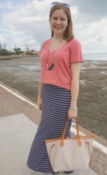 Weekday Wear Link Up: Pink Tees and Blue Printed Maxi Skirts with Louis Vuitton Neverfull