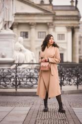 Camel Coat and Combat Boots