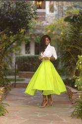 Fitted Button-Down Shirt + Neon Swing Midi Skirt