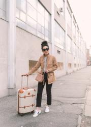 Travel casual: shearling lined jacket + sneakers