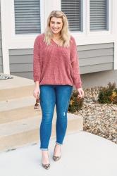 Chenille Sweater + Snakeskin Pumps.