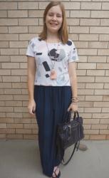 Navy Skirts And Printed Tees With Rebecca Minkoff Regan Bag